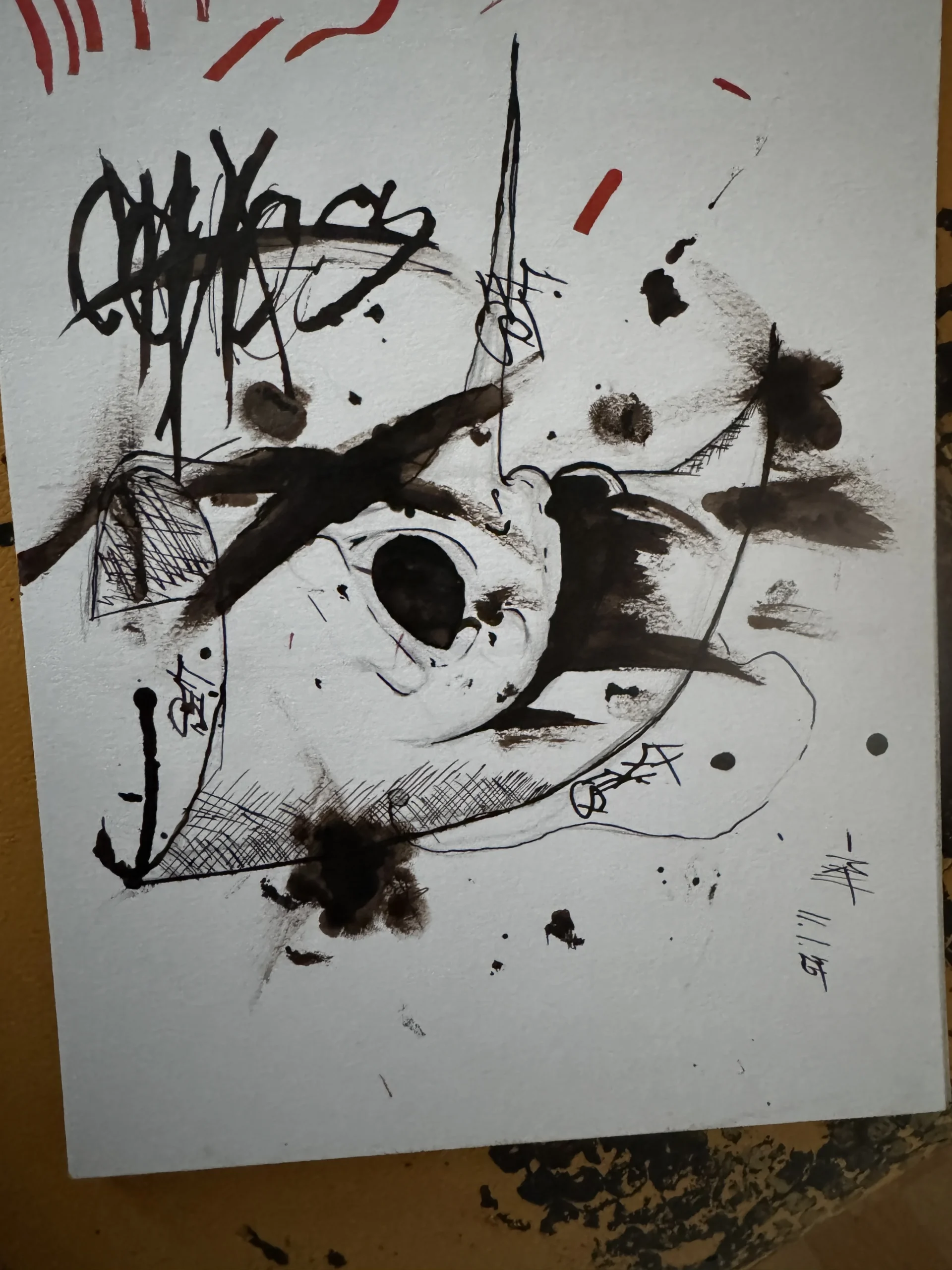 Chaos & Mask – Expressive Ink and Brush Skull Drawing