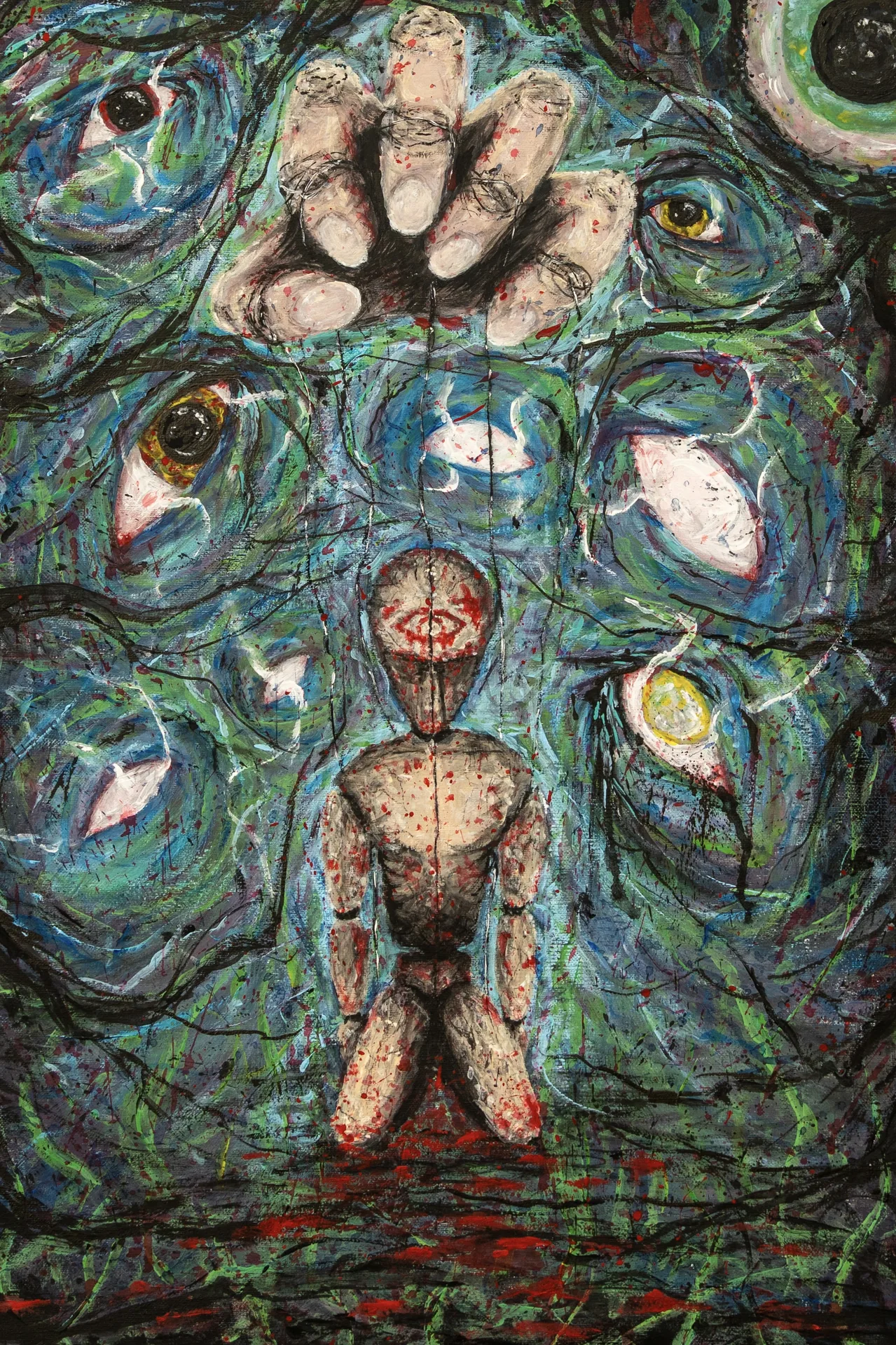 Rebirth 00 – Dark Surrealist Painting with Cosmic Eyes and Figure by TSUMETAI